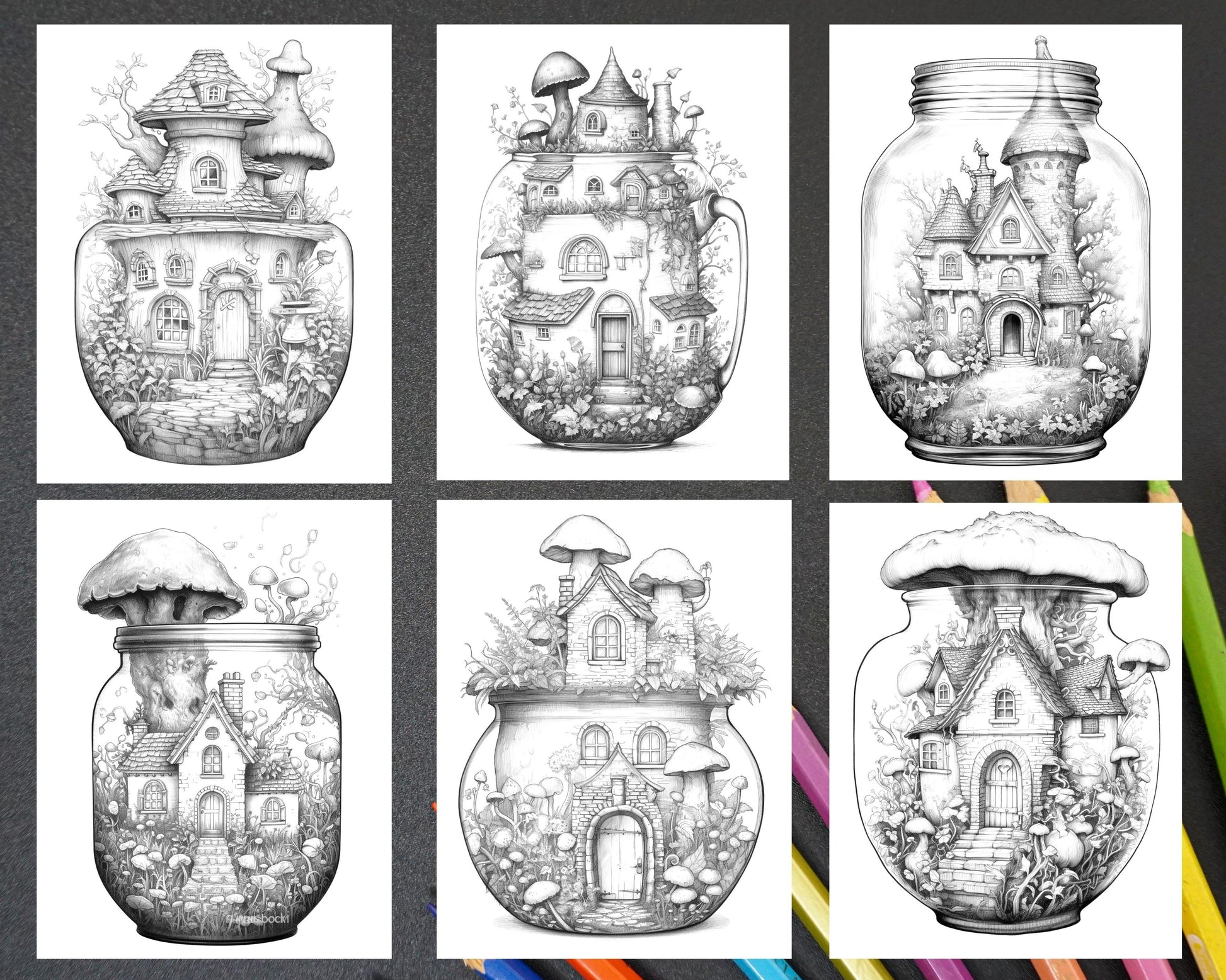 Fairy House in Jar Grayscale Coloring Pages Printable for Adults, PDF File Instant Download
