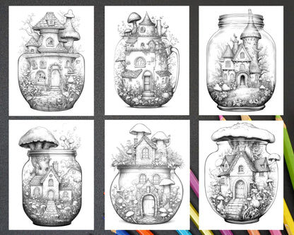 Fairy House in Jar Grayscale Coloring Pages Printable for Adults, PDF File Instant Download