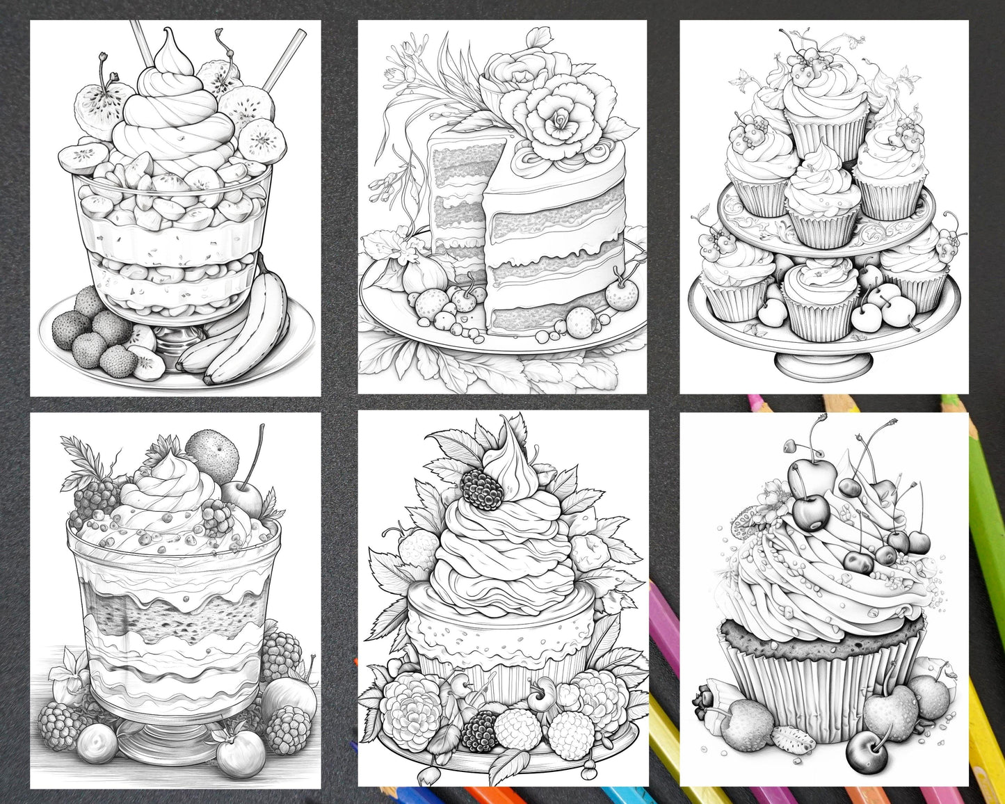 36 Sweet Desserts Coloring Pages Printable for Adults, Grayscale Coloring Page, PDF File Instant Download