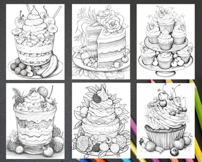 36 Sweet Desserts Coloring Pages Printable for Adults, Grayscale Coloring Page, PDF File Instant Download