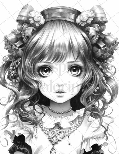 60 Adorable Gothic Girls Grayscale Coloring Pages Printable for Adults, PDF File Instant Download
