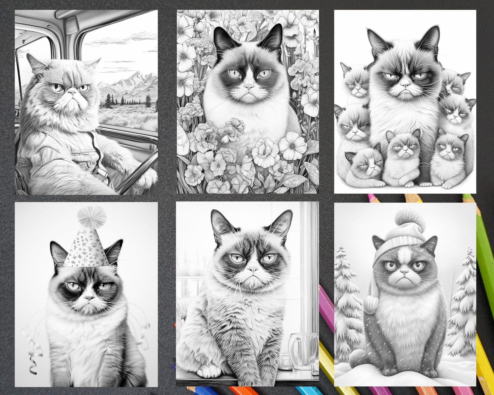 50 Grumpy Cat Grayscale Coloring Pages Printable for Adults, PDF File Instant Download