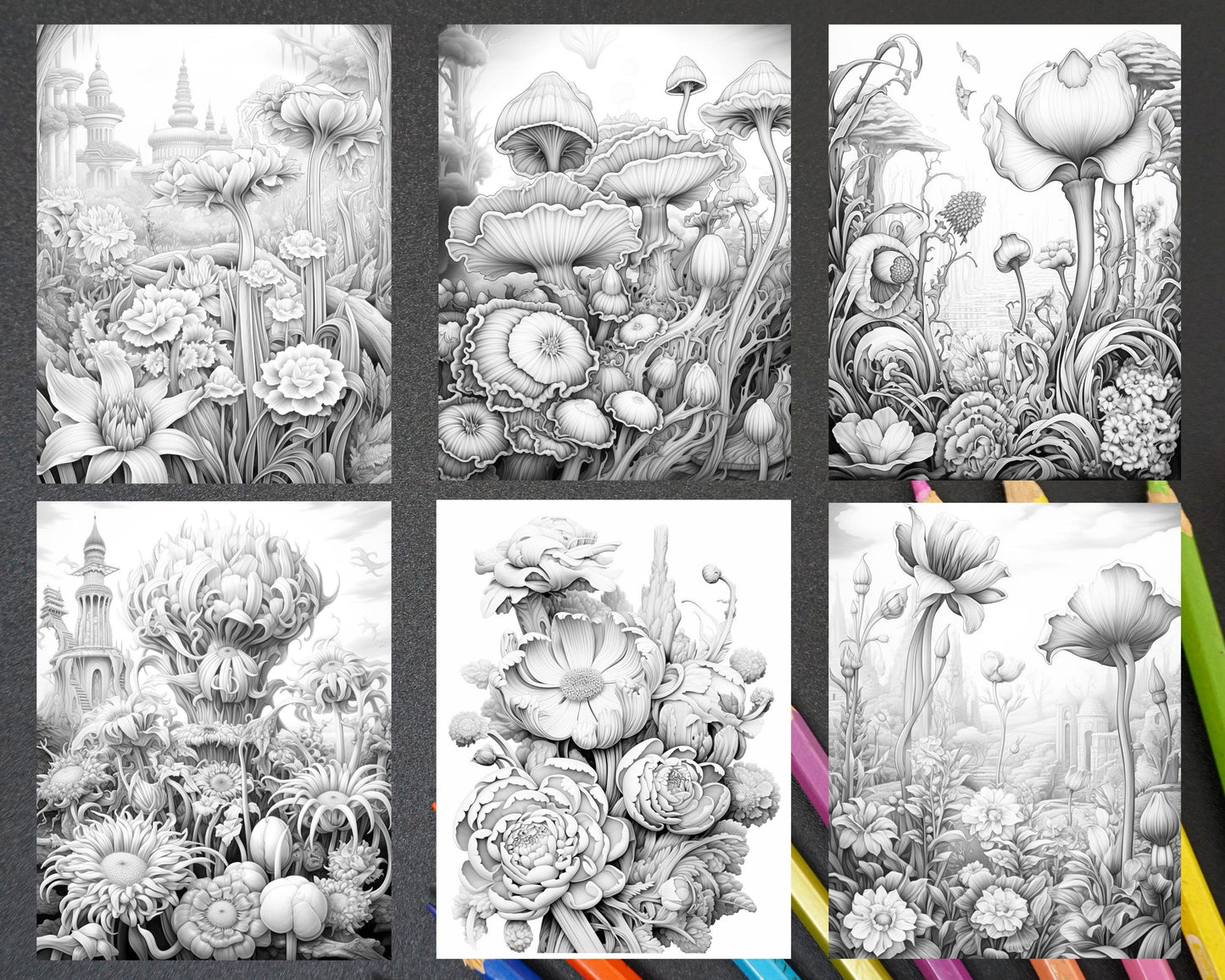 55 Fantasy Flowers Grayscale Coloring Pages for Adults, Printable PDF File Instant Download