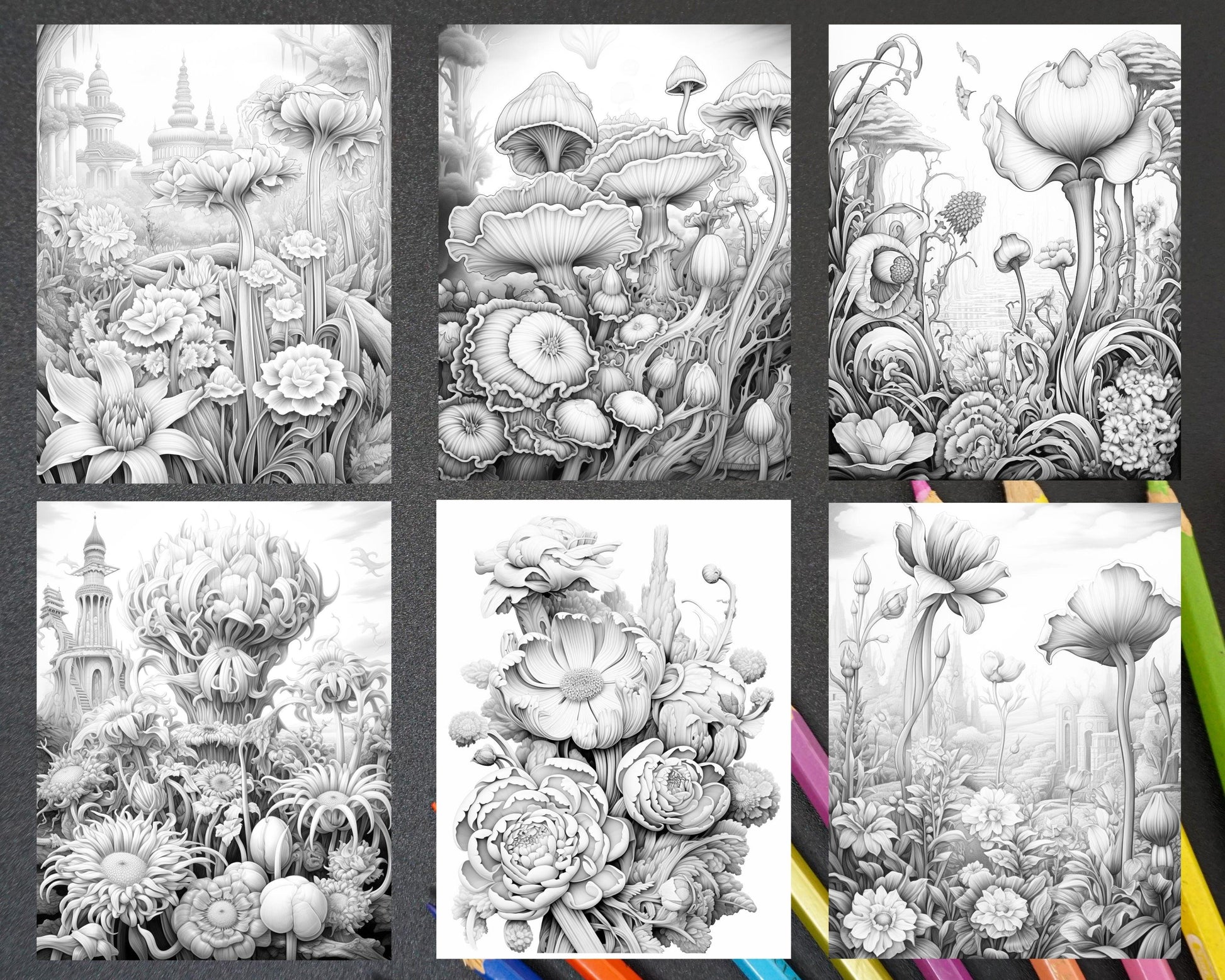 55 Fantasy Flowers Grayscale Coloring Pages for Adults, Printable PDF File Instant Download