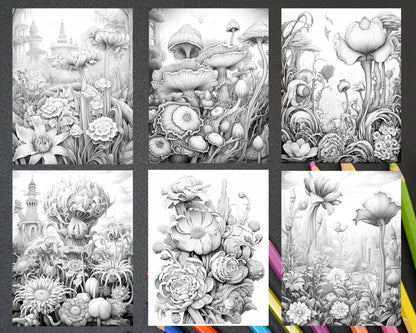 55 Fantasy Flowers Grayscale Coloring Pages for Adults, Printable PDF File Instant Download