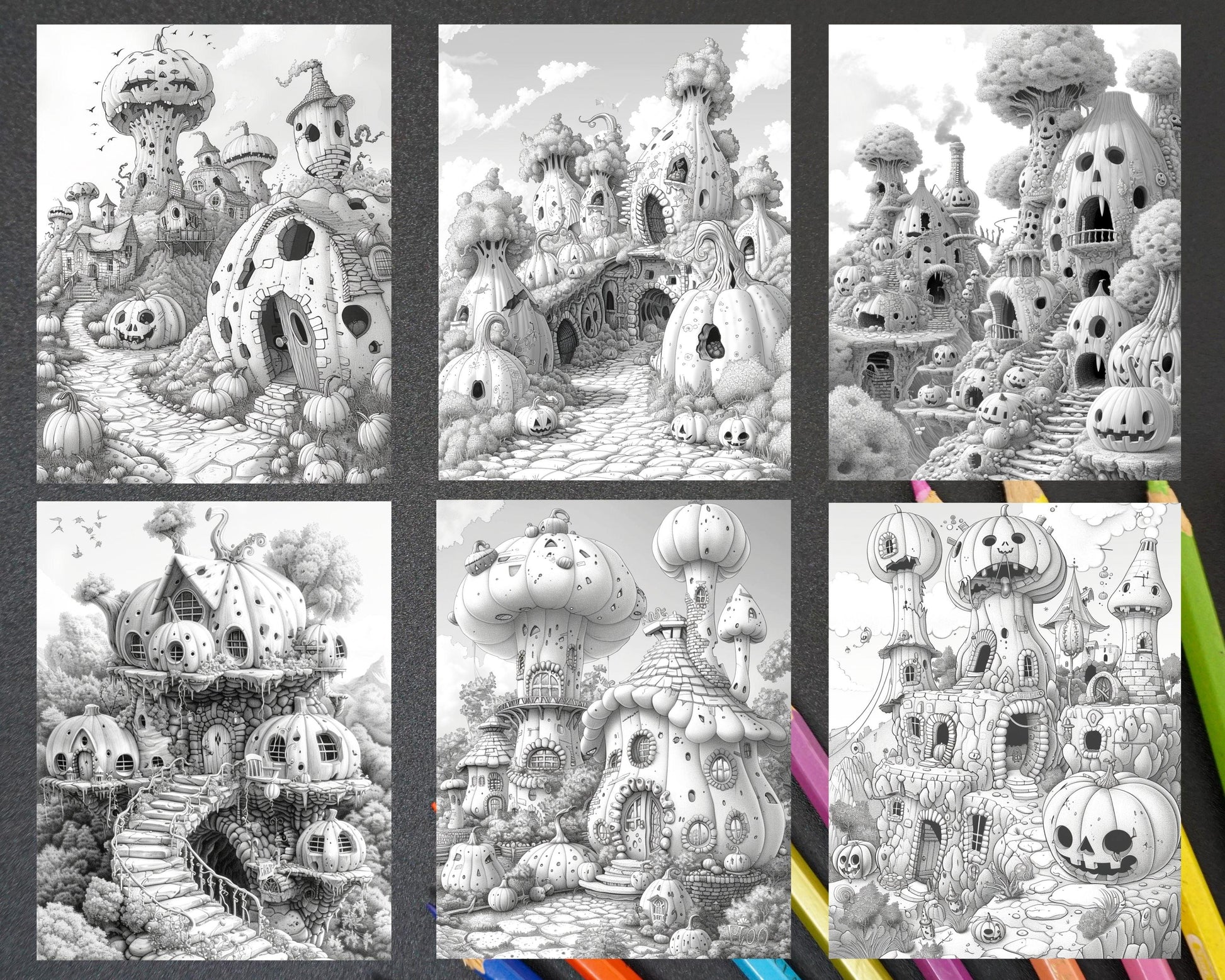65 Fantasy Pumpkin Village Grayscale Adult Coloring Pages, Printable PDF Instant Download