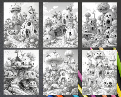 65 Fantasy Pumpkin Village Grayscale Adult Coloring Pages, Printable PDF Instant Download