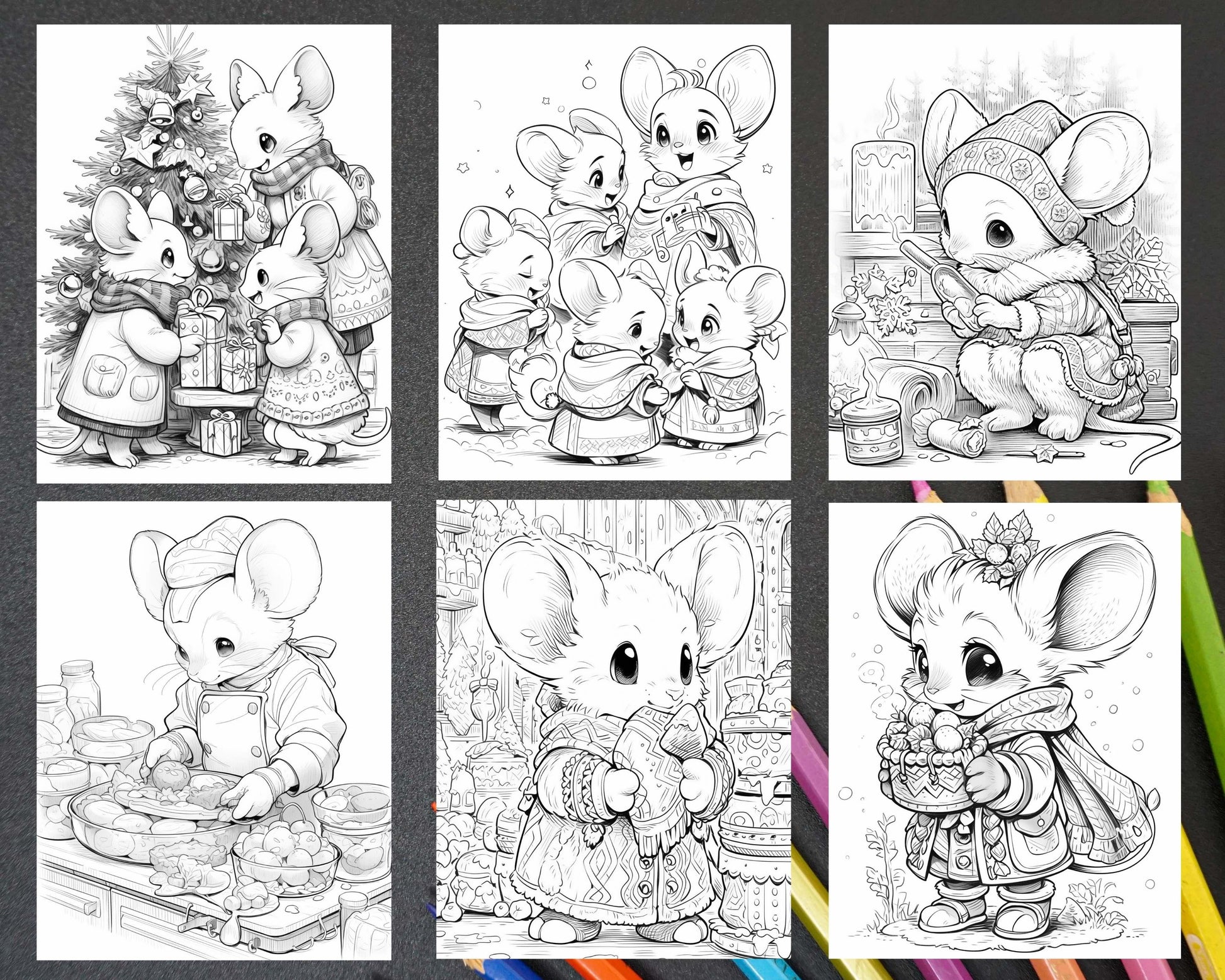 64 Christmas Mice Grayscale Coloring Pages for Adults, Printable PDF Instant Download