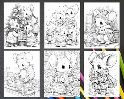 64 Christmas Mice Grayscale Coloring Pages for Adults, Printable PDF Instant Download