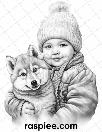 50 Baby Winter Portrait Grayscale Coloring Pages Printable for Adults, PDF File Instant Download