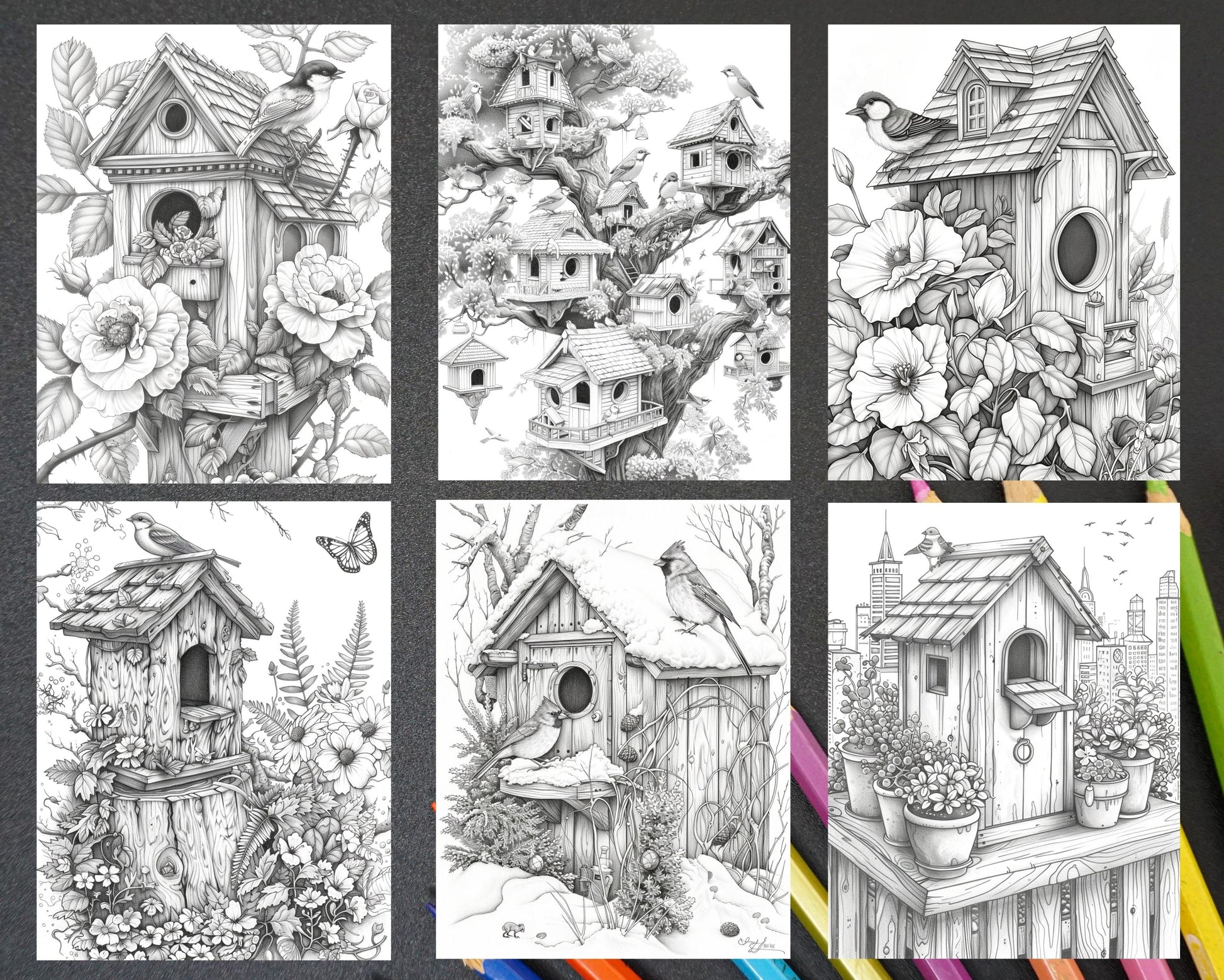 70 Enchanted Birdhouses Grayscale Adult Coloring Pages, Printable PDF Instant Download