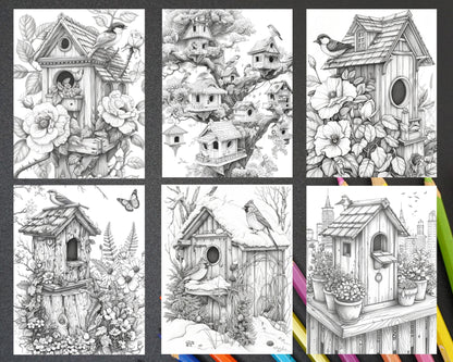 70 Enchanted Birdhouses Grayscale Adult Coloring Pages, Printable PDF Instant Download
