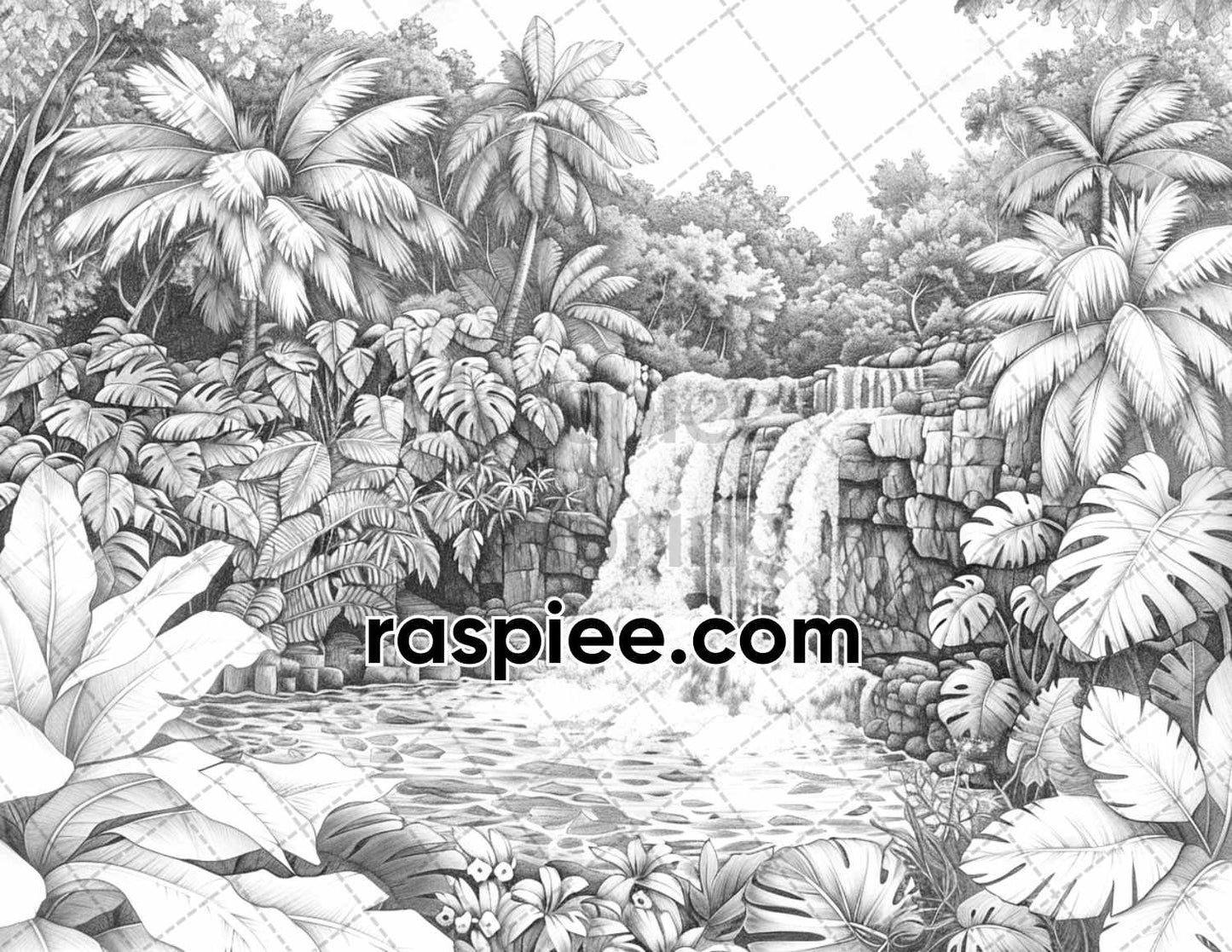 65 Rainforest Waterfall Grayscale Adult Coloring Pages, Printable PDF Instant Download