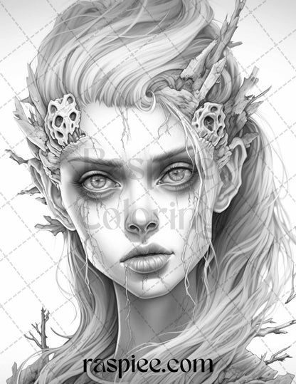 60 Halloween Zombie Fairy Grayscale Coloring Pages Printable for Adults, PDF File Instant Download