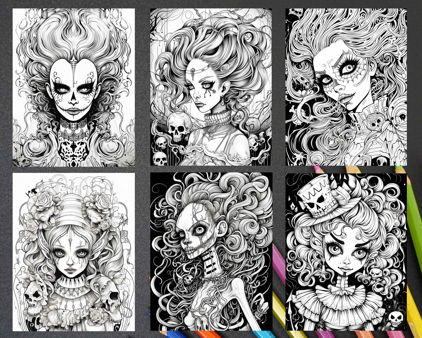 50 Spooky Miss Nightmare Grayscale Coloring Pages Printable for Adults, PDF File Instant Download