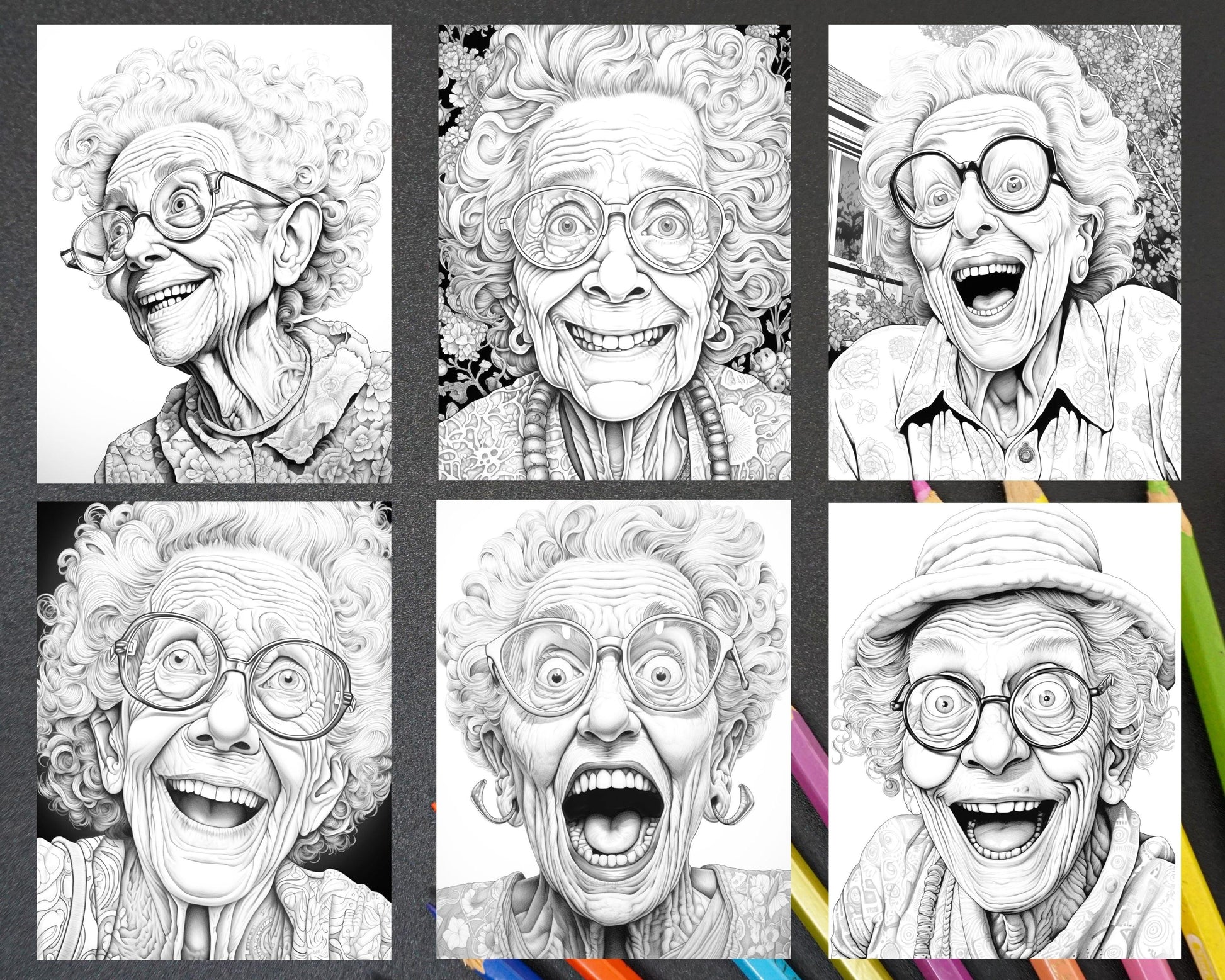 50 Funny Grandma Grayscale Coloring Pages for Adults, Printable PDF Instant Download
