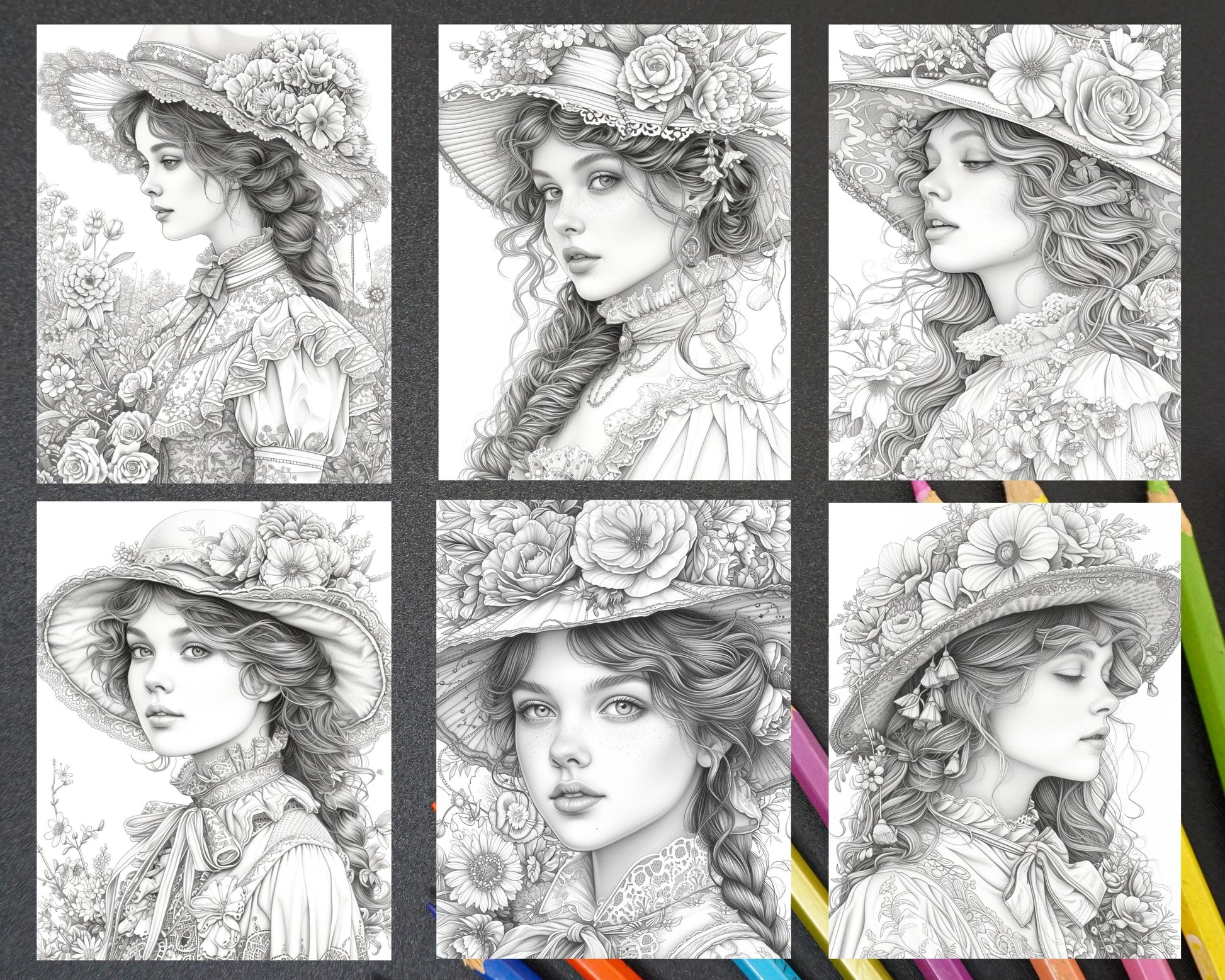 62 Spring Victorian Girl Portraits Grayscale Adult Coloring Pages, Printable PDF Instant Download