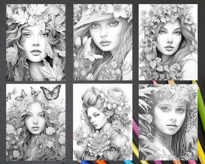 75 Flower Beauties Grayscale Adult Coloring Pages, Printable PDF Instant Download