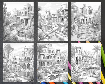 55 Desert Oasis Fairy Homes Grayscale Coloring Pages for Adults, Printable PDF Instant Download