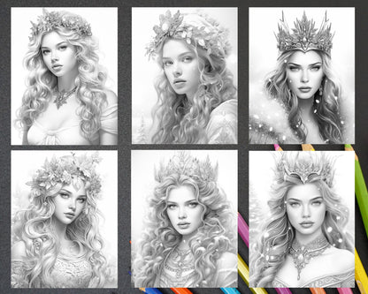 50 Winter Queens Portrait Grayscale Coloring Pages Printable for Adults, PDF File Instant Download