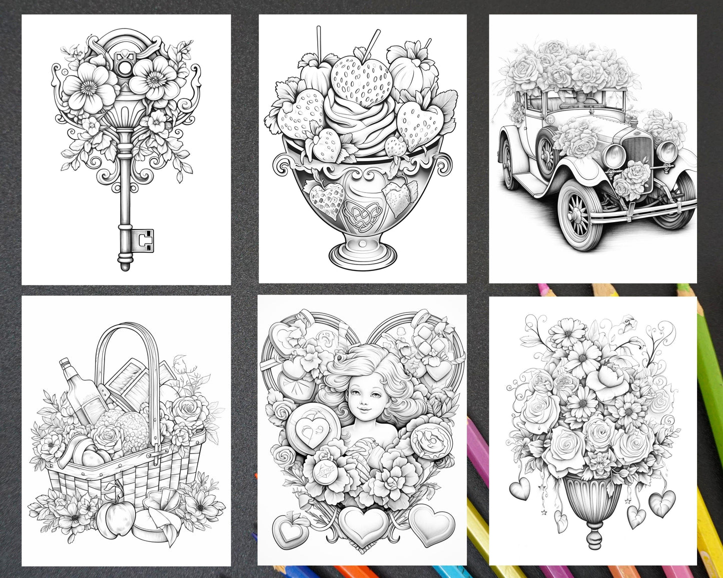 50 Sweet Valentine Grayscale Adult Coloring Pages, Printable PDF Instant Download