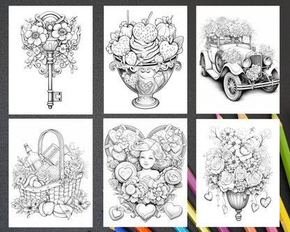 50 Sweet Valentine Grayscale Adult Coloring Pages, Printable PDF Instant Download
