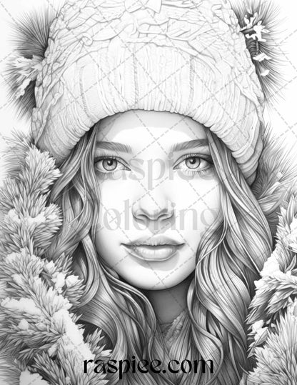 60 Beautiful Winter Girls Grayscale Coloring Pages Printable for Adults, PDF File Instant Download