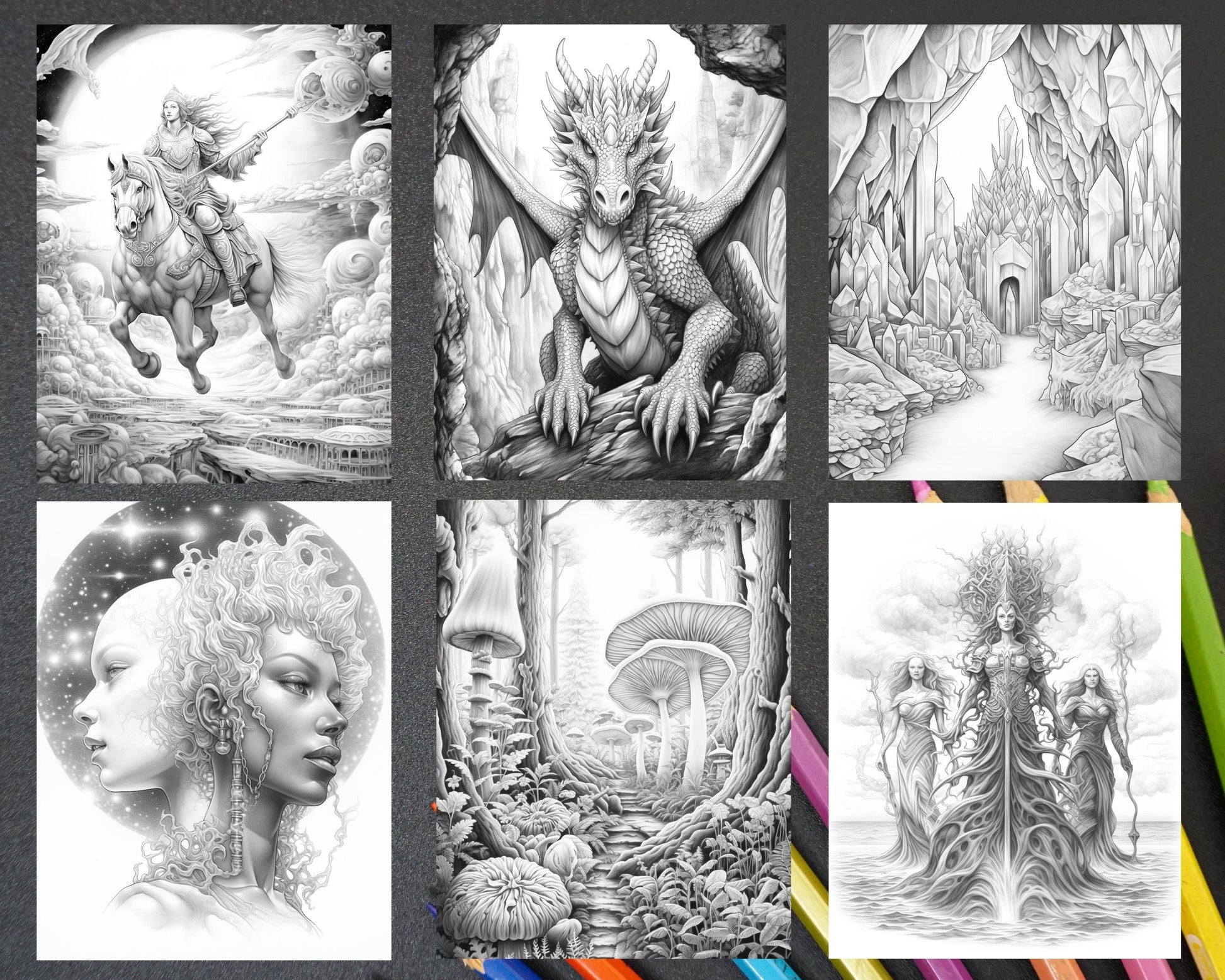 Mystical World Grayscale Coloring Pages Printable for Adults, Enchanting Fantasy Designs, PDF File Instant Download
