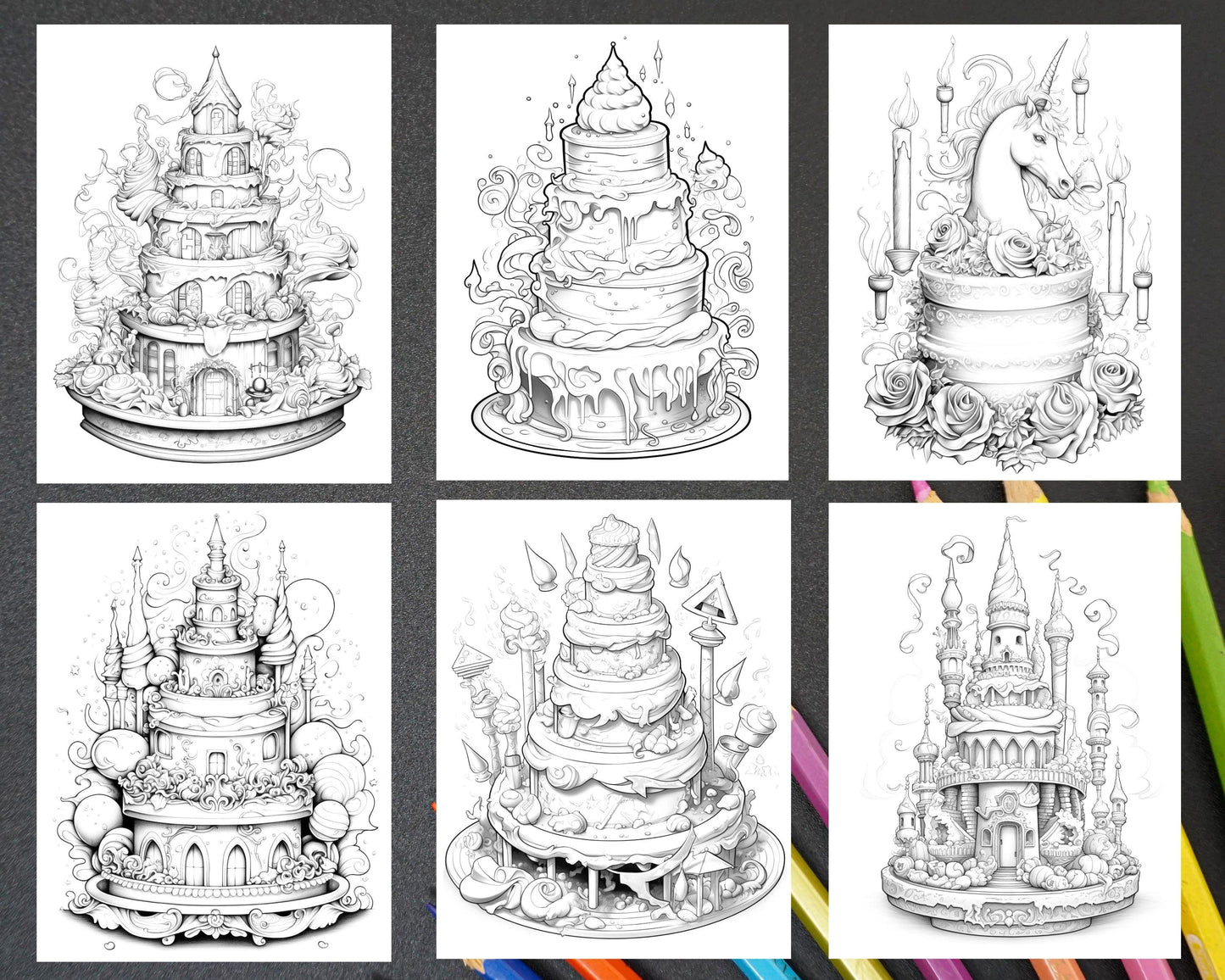 38 Whimsical Cakes Grayscale Coloring Pages for Adults, PDF File Instant Download