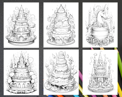 38 Whimsical Cakes Grayscale Coloring Pages for Adults, PDF File Instant Download