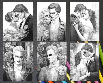 Phantom of the Opera Grayscale Coloring Pages Printable for Adults, PDF File Instant Download