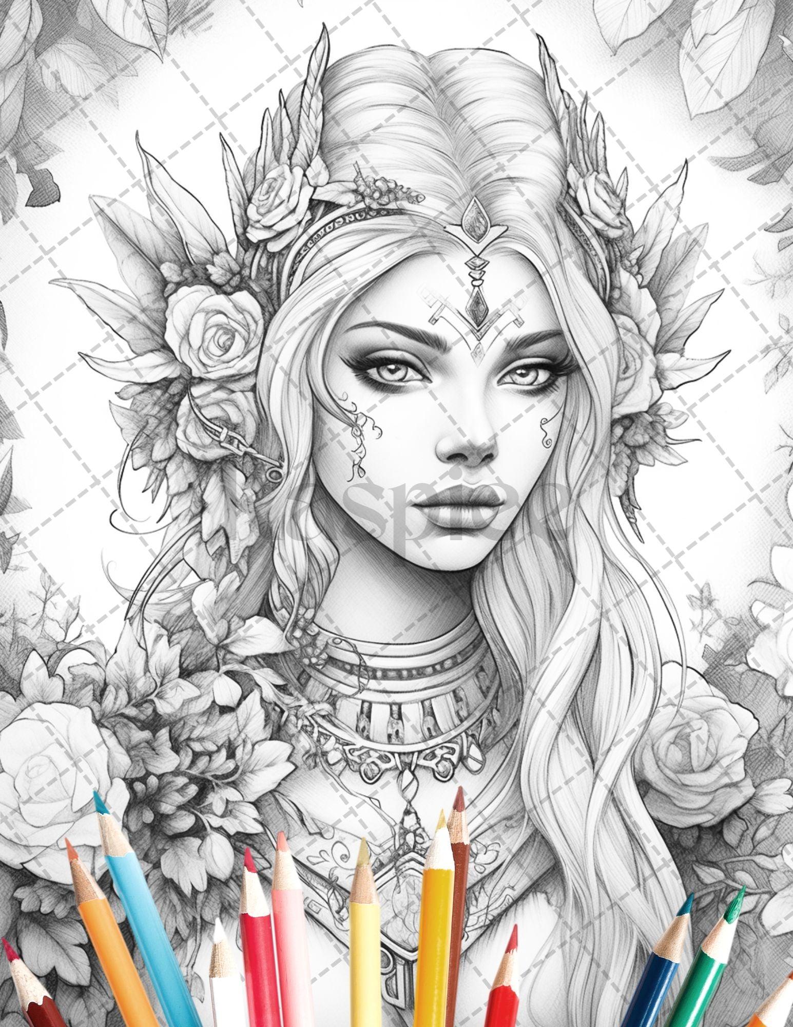 35 Beautiful Printable Elf Girls Coloring Book for Adults, Grayscale Coloring Page, PDF File Instant Download