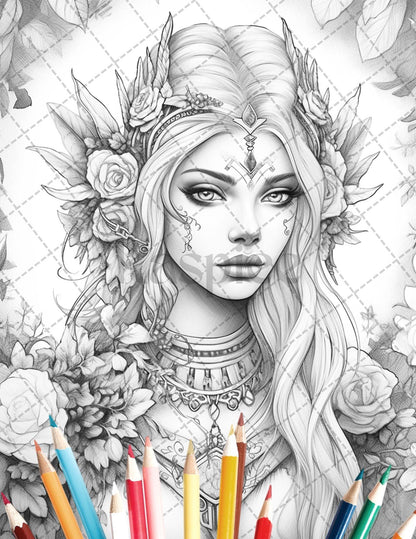 35 Beautiful Printable Elf Girls Coloring Book for Adults, Grayscale Coloring Page, PDF File Instant Download