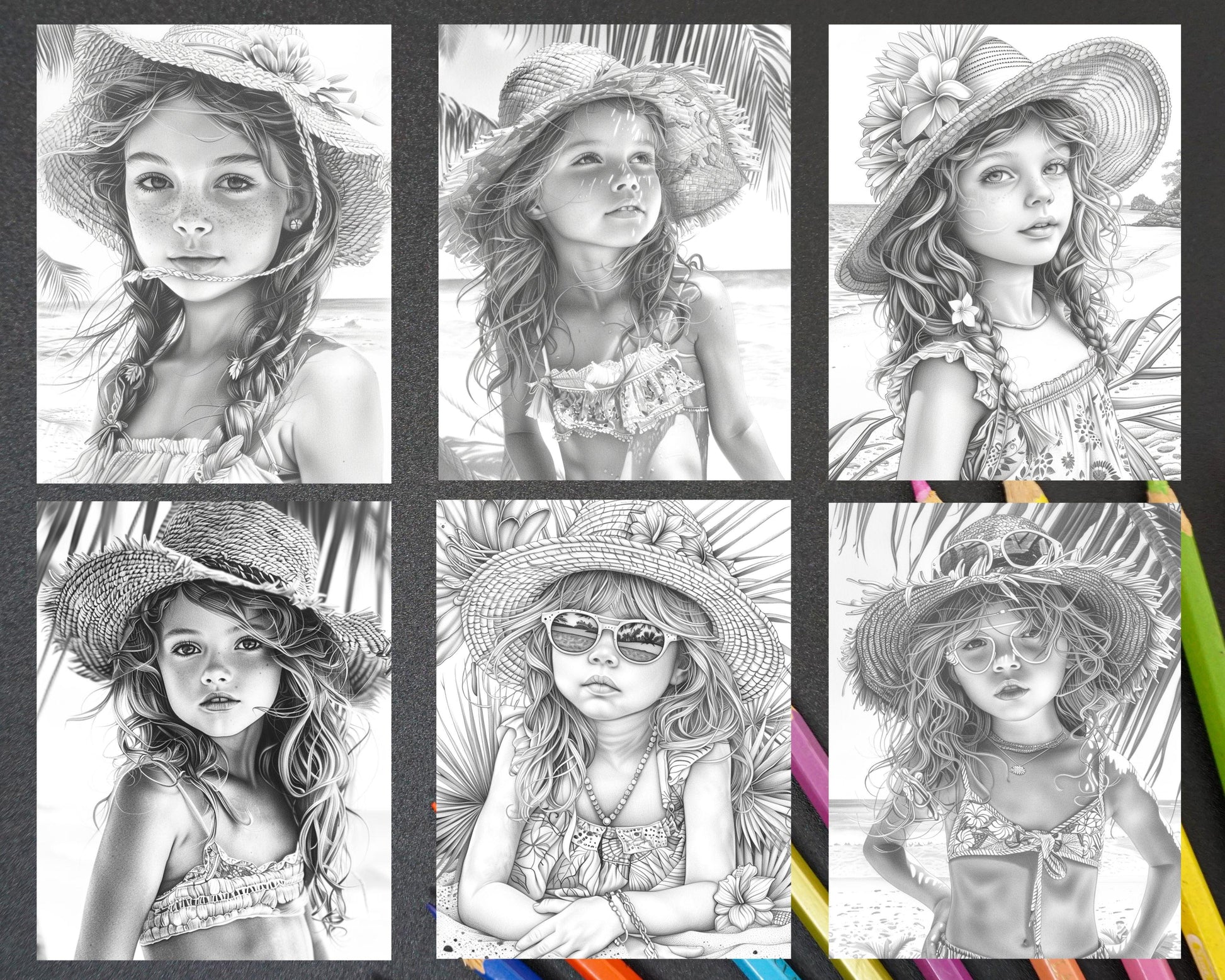 65 Summer Little Girls Portrait Grayscale Adult Coloring Pages Printable PDF Instant Download