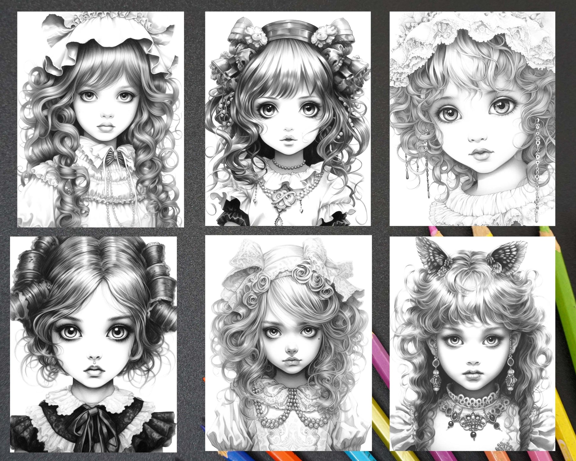 60 Adorable Gothic Girls Grayscale Coloring Pages Printable for Adults, PDF File Instant Download