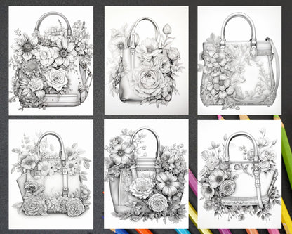 50 Floral Handbags Grayscale Coloring Pages for Adults, Printable PDF Instant Download
