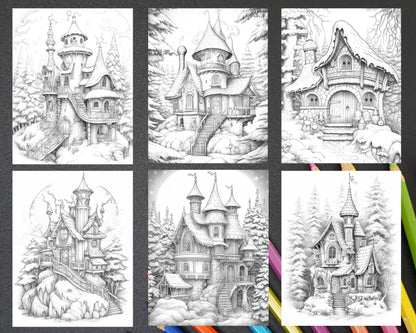 63 Winter Fairy Houses Grayscale Coloring Pages Printable for Adults, PDF File Instant Download