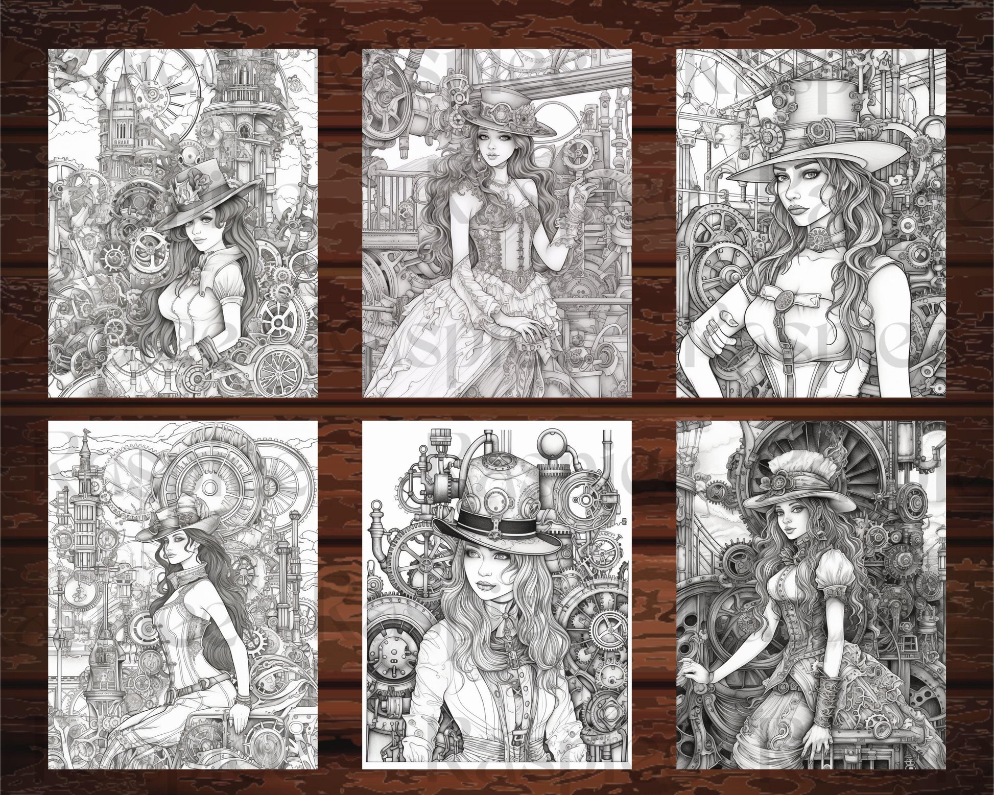 30 Steampunk Girls Coloring Pages Printable for Adults, Victorian Inspired Adult Grayscale Coloring Book, PDF File Download