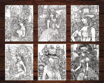 30 Steampunk Girls Coloring Pages Printable for Adults, Victorian Inspired Adult Grayscale Coloring Book, PDF File Download