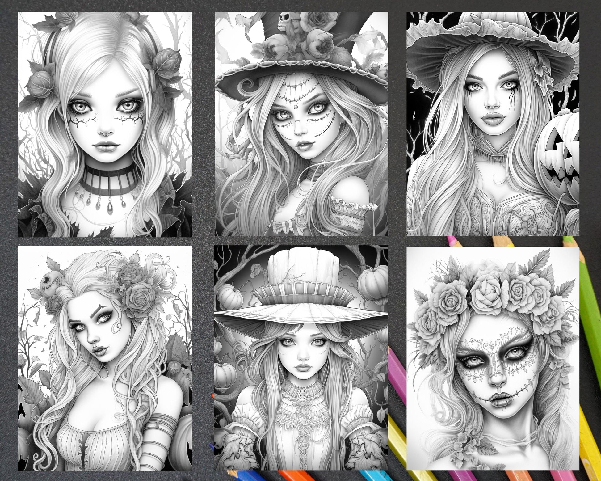 55 Halloween Girls Grayscale Coloring Pages Printable for Adults, PDF File Instant Download