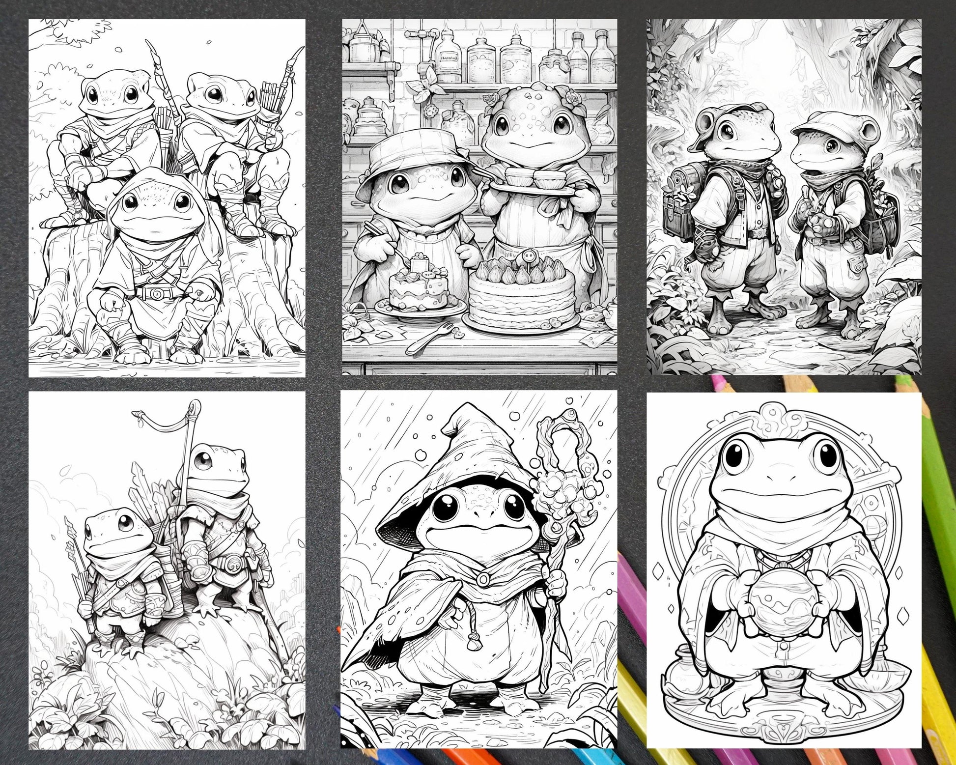 50 The Frog Kingdom Grayscale Coloring Pages for Adults, Printable PDF Instant Download