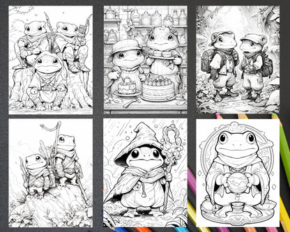 50 The Frog Kingdom Grayscale Coloring Pages for Adults, Printable PDF Instant Download