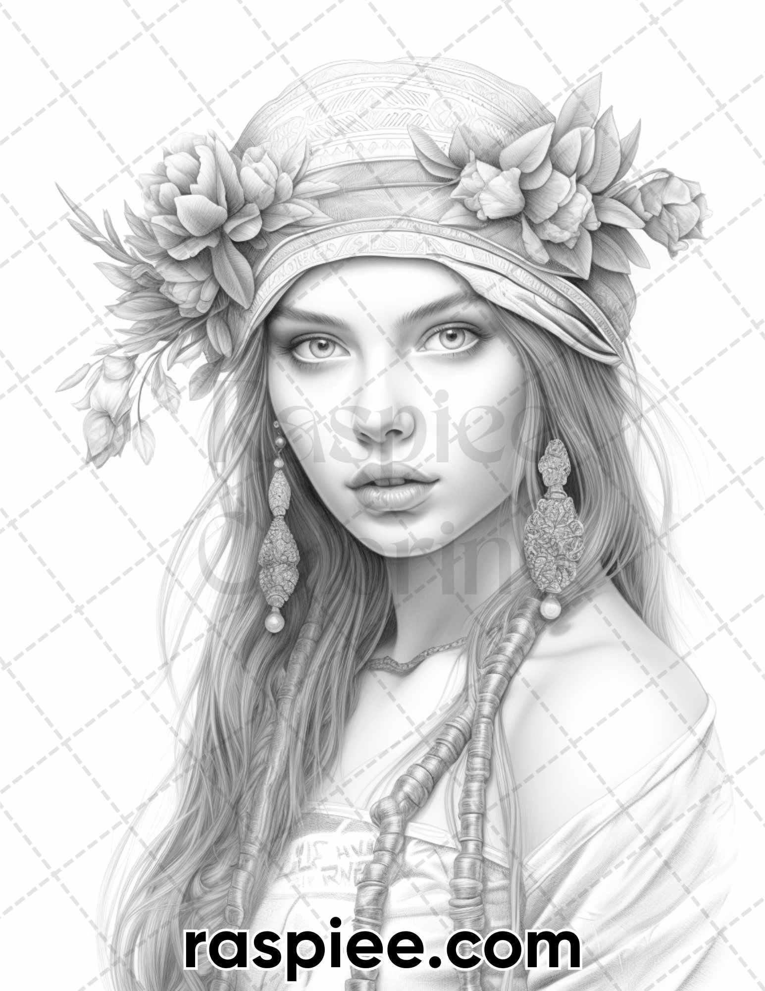 60 Bohemian Beauties Grayscale Coloring Pages for Adults, Printable PDF Instant Download