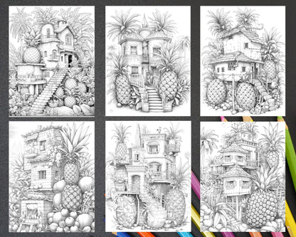 50 Pineapple Houses Grayscale Coloring Pages Printable for Adults, PDF File Instant Download