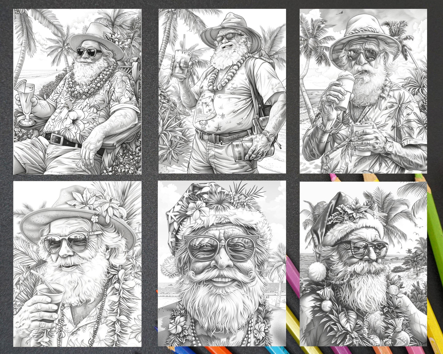 60 Santa Christmas in July Grayscale Adult Coloring Pages Printable PDF Instant Download