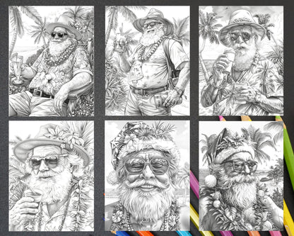 60 Santa Christmas in July Grayscale Adult Coloring Pages Printable PDF Instant Download