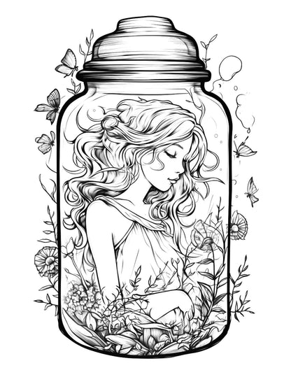 Fairy Girl in Jar Coloring Pages for Adults, Free Printable PDF Instant Download