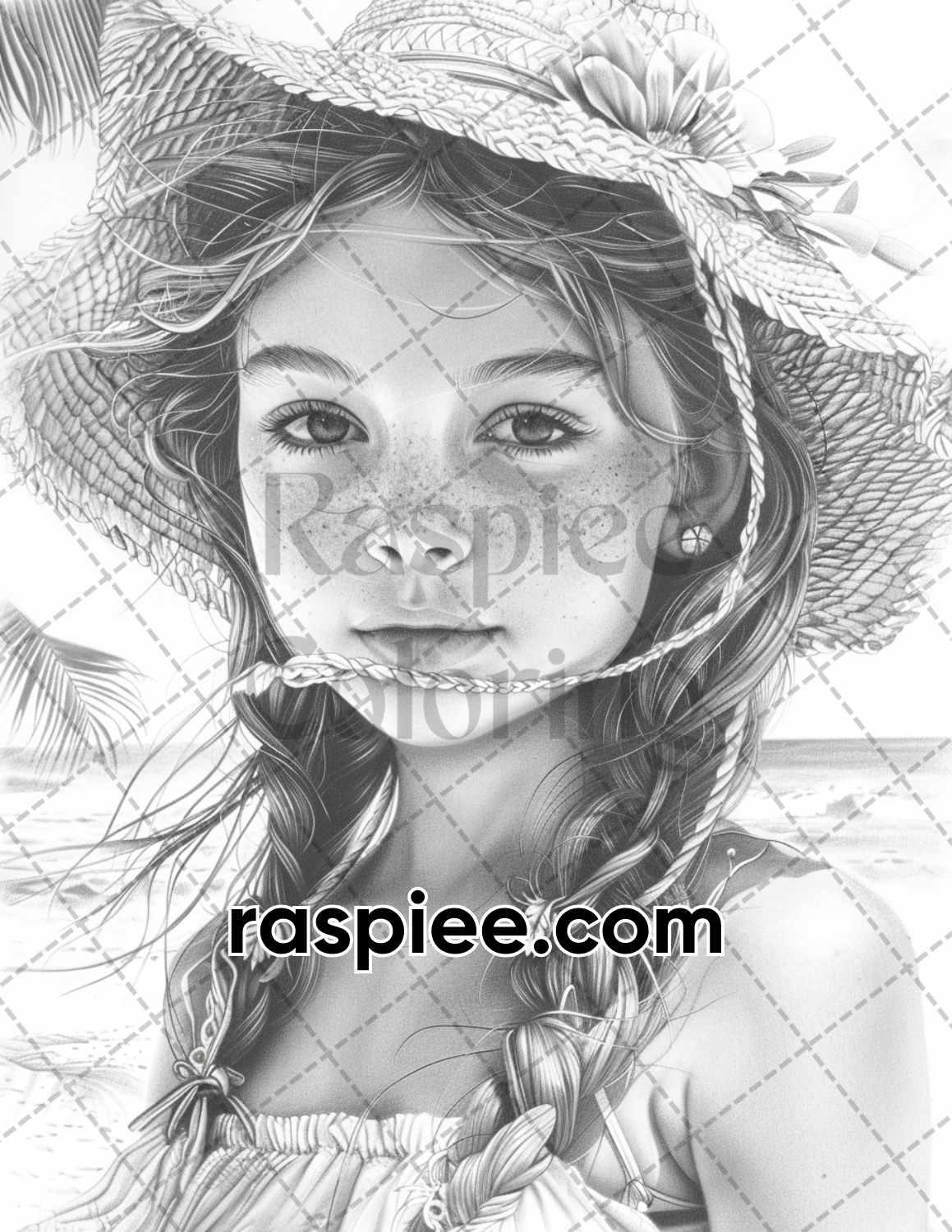 65 Summer Little Girls Portrait Grayscale Adult Coloring Pages Printable PDF Instant Download