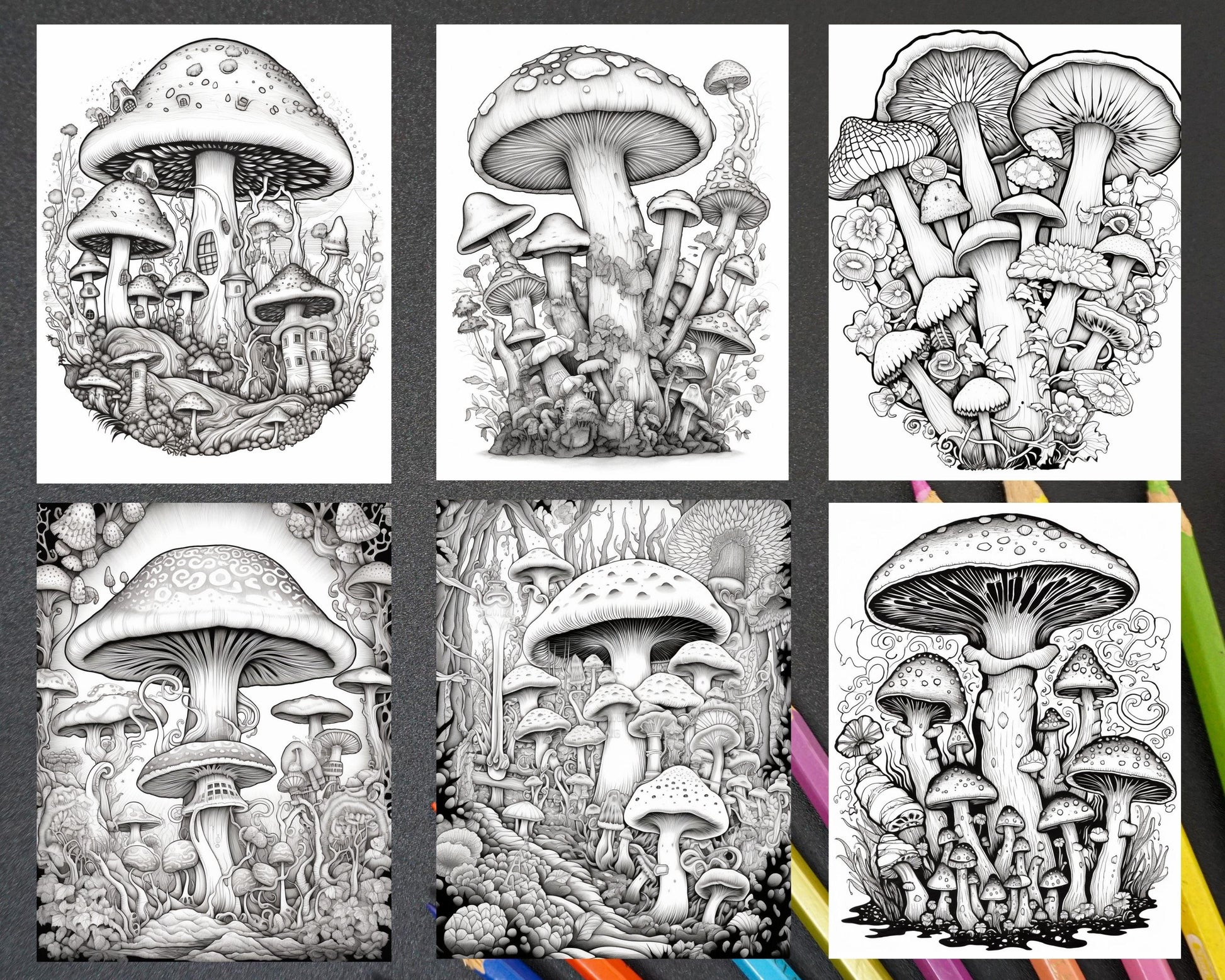 Psychedelic Mushroom Forest Coloring Book Printable for Adults, Trippy Grayscale Coloring Page, PDF File Instant Download