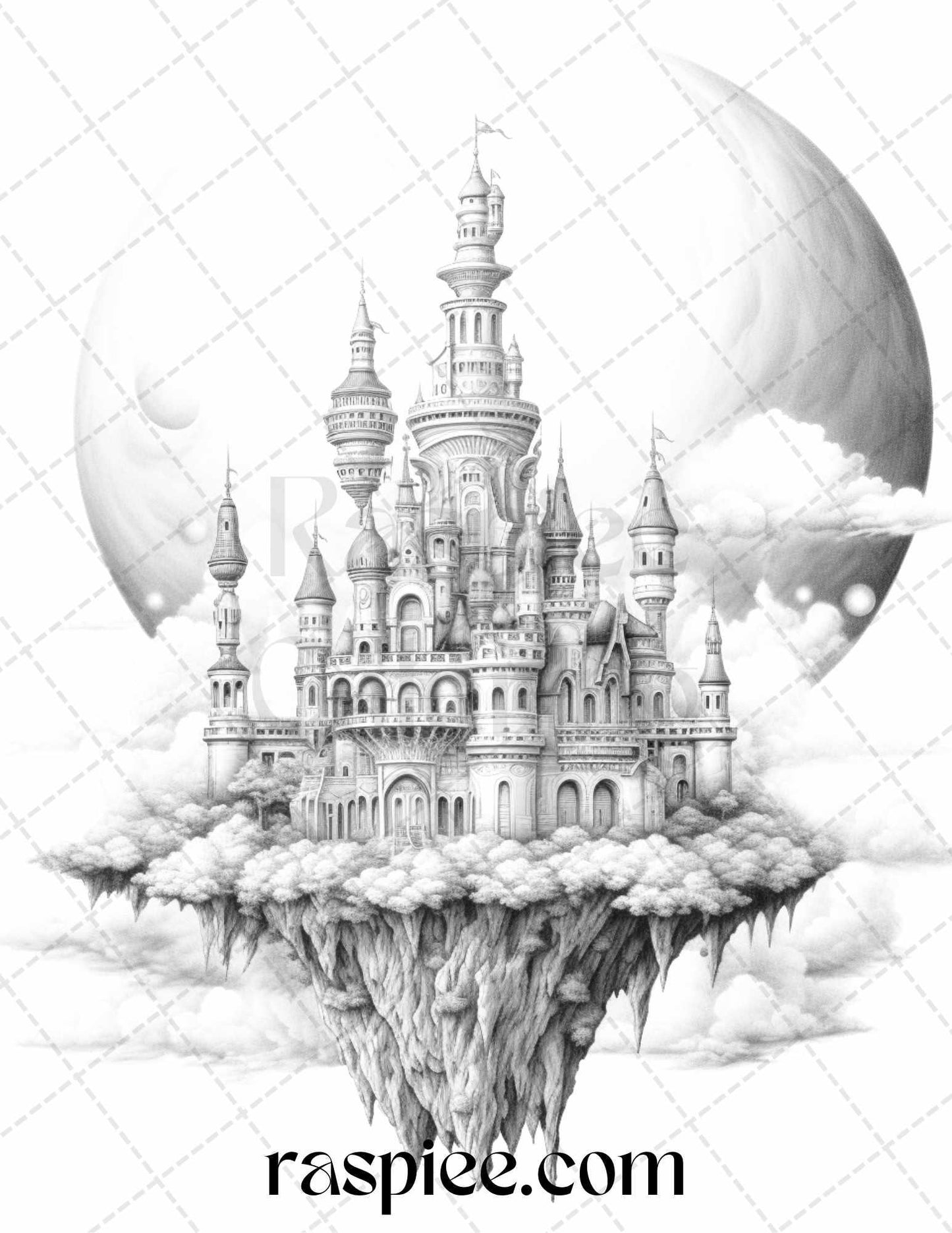 Floating Castle in the Sky Grayscale Coloring Pages for Adults, Printable PDF File Instant Download